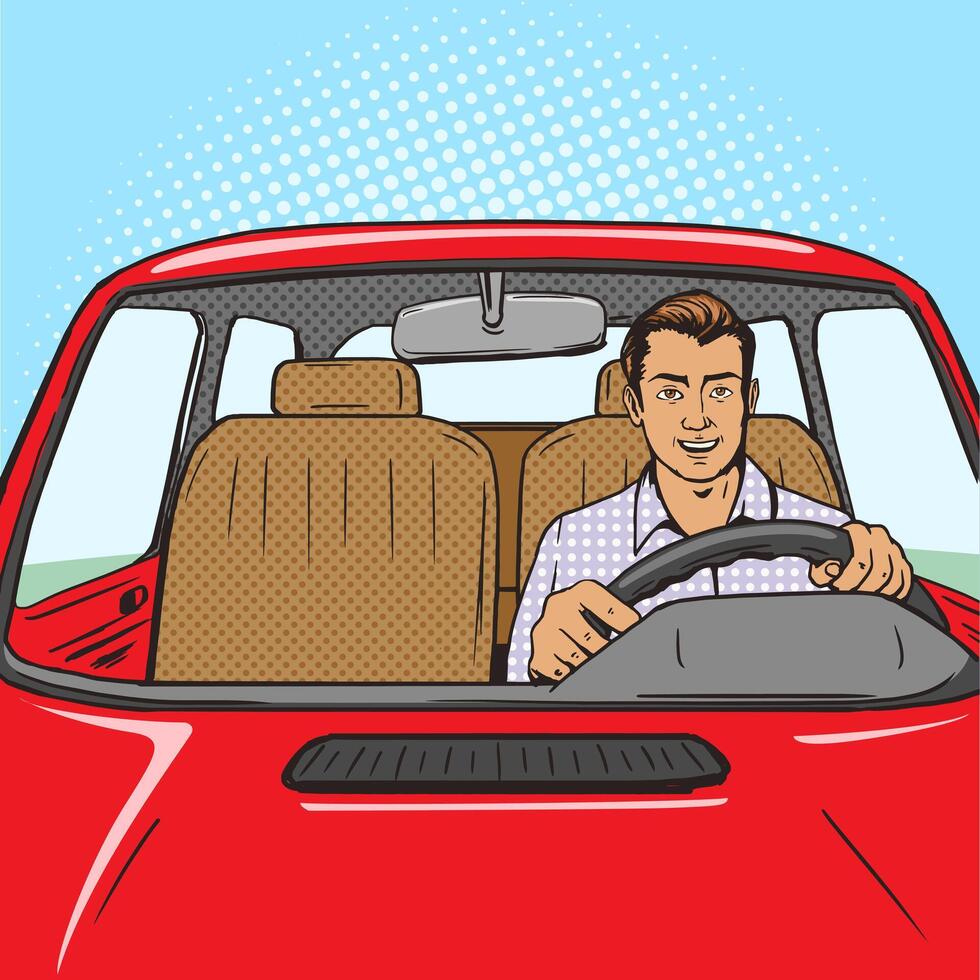 Man drive car pop art style illustration. Comic book style imitation. Vintage retro style. Conceptual illustration vector