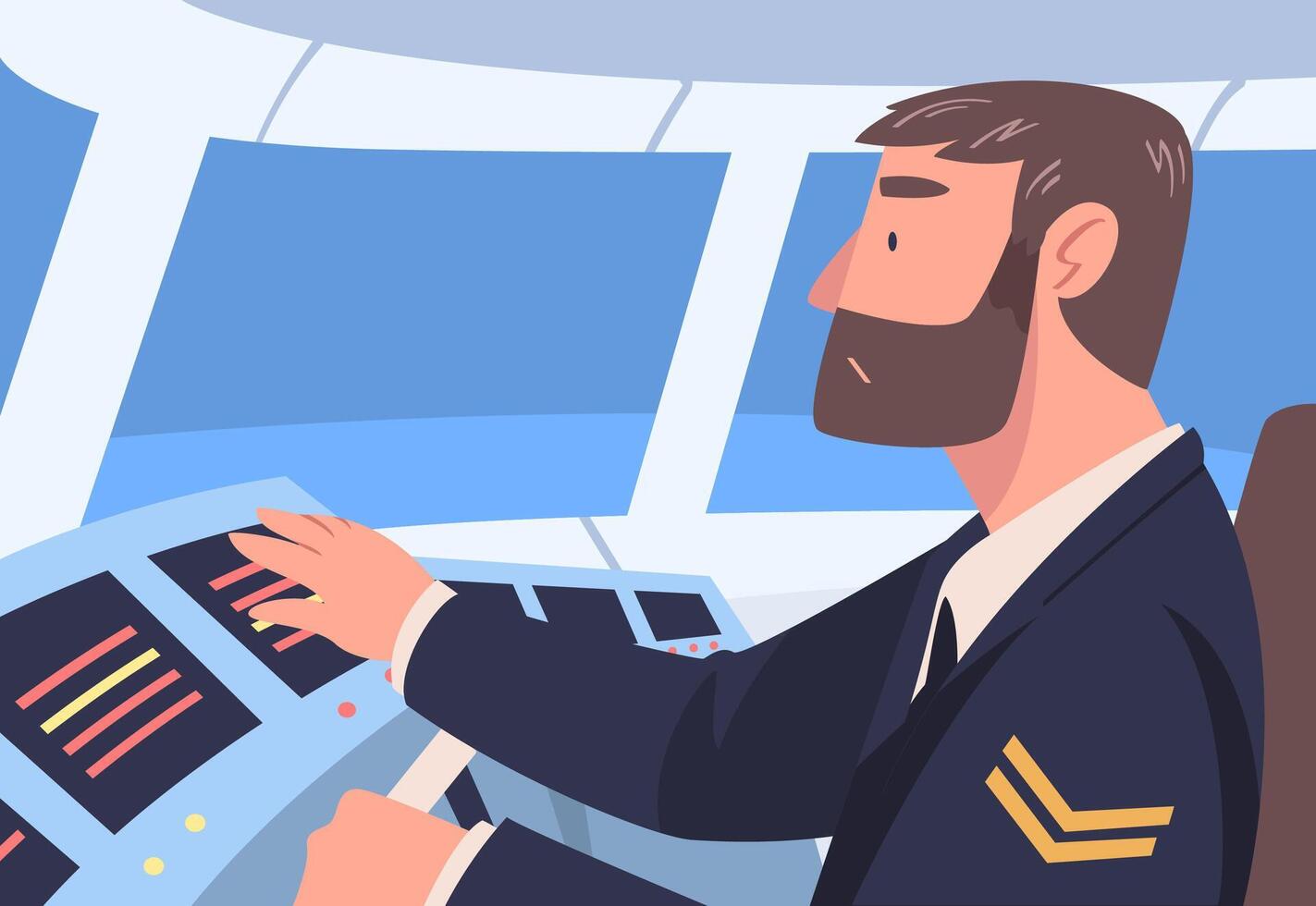 Bearded Man Aircraft Pilot or Aviator Sitting Inside Airplane Cabin at Control Panel Illustration vector
