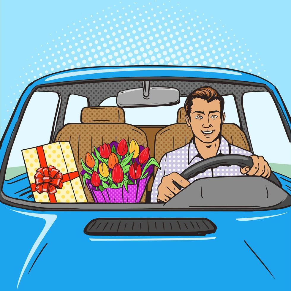 Man with gift and flowers drive car pop art style illustration. Comic book style imitation. Vintage retro style. Conceptual illustration vector