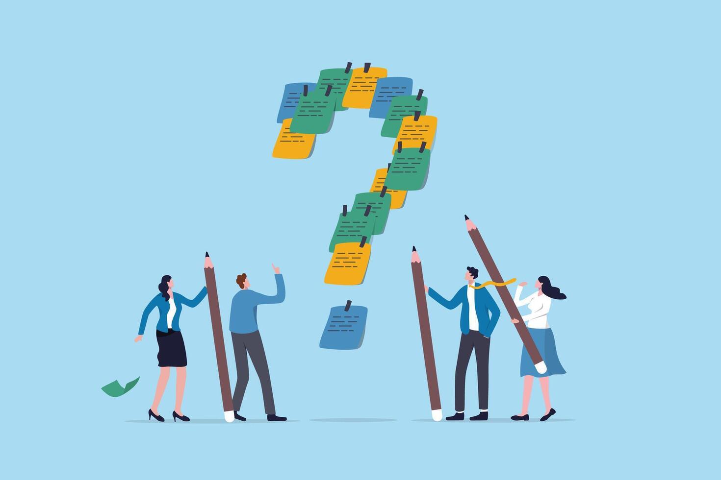 Ask question, listing problem to gather solution idea, faq or questionnaire, uncertainty, doubt or clarification, curiosity, solving problem concept, business people listing question mark sticky note. vector