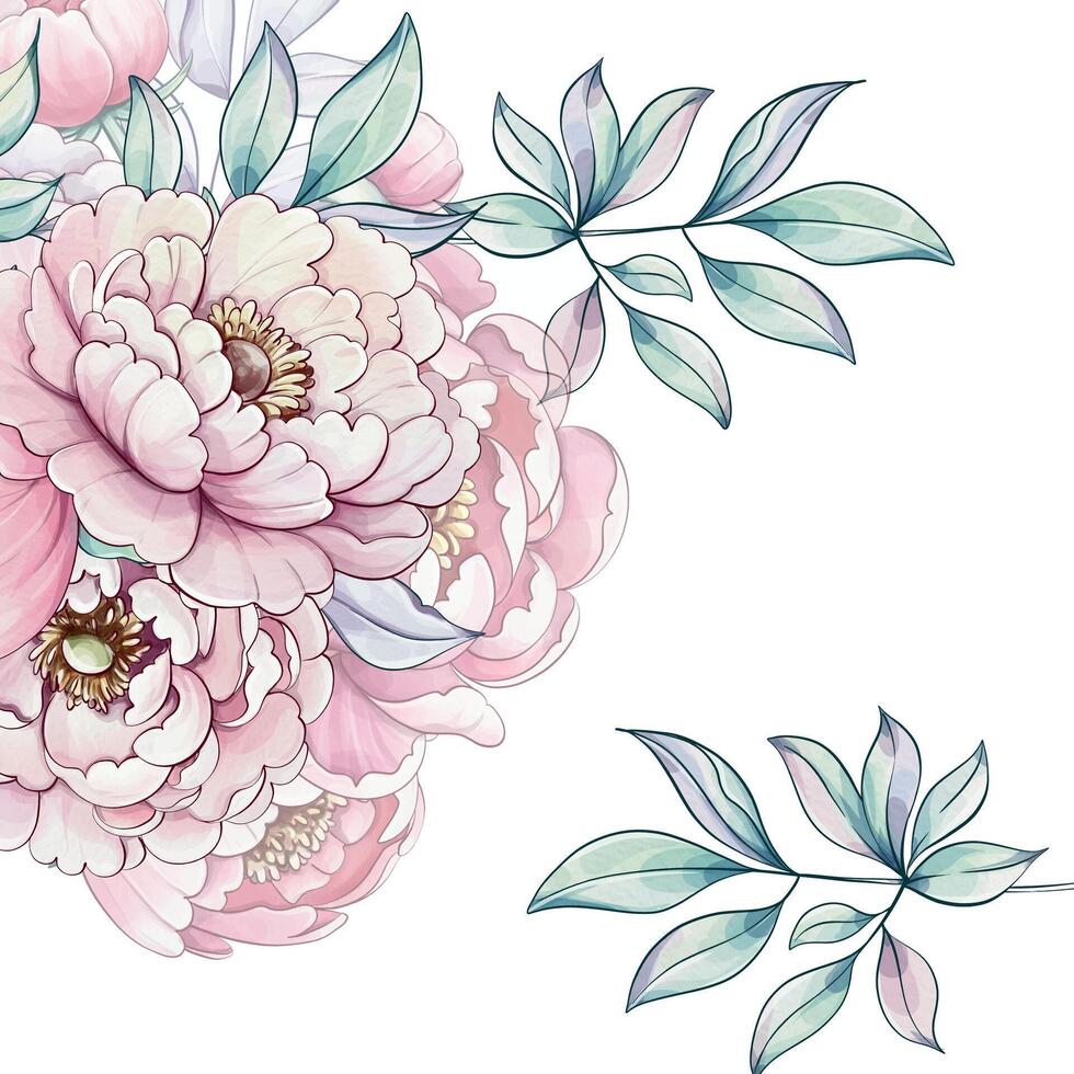 Delicate pink peonies bloom alongside graceful green leaves, creating a serene atmosphere in a charming watercolor piece. vector