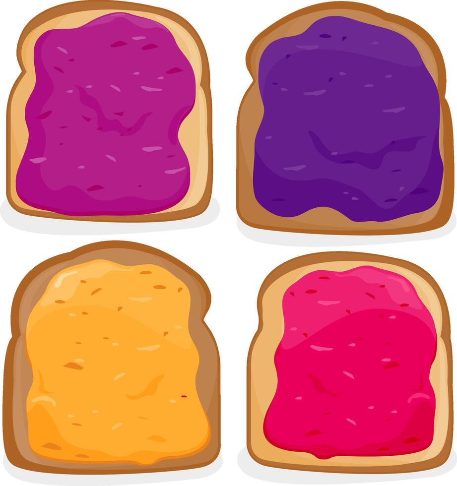 Slices of bread with different types of jelly. Jam spread on pieces of toast bread. vector