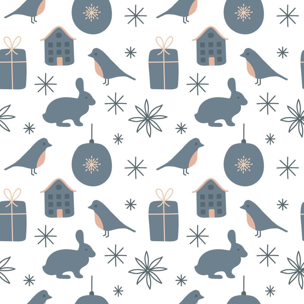 Cute Christmas Seamless Pattern - Textile Design - Fabrics - Wrapping Paper - Holiday Objects Flat Style Elements Seasons Greetings Forest Animals vector