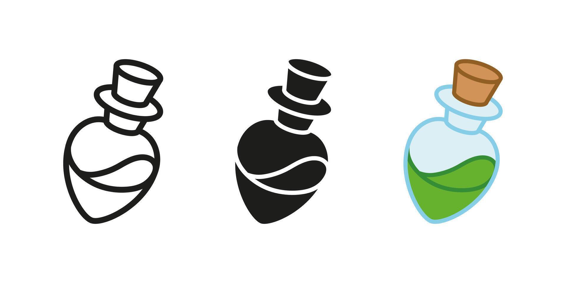 Magic elixir icon. Poison potion illustration. Magic flask symbol. Chemical spell phial sign. Green alchemy vial pictogram. Laboratory experiment isolated outline, black and colored concept. vector
