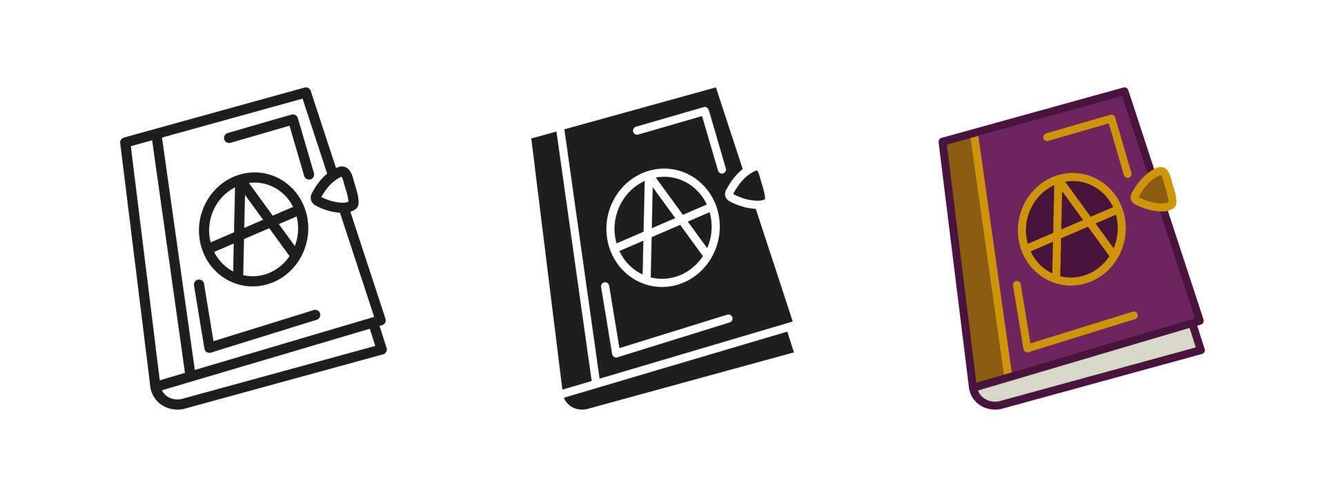 Spell book icon. Magic book illustration. Alchemist mystery manual symbol. Occult witchcraft fantasy book sign. Sorcerer, witch. warlock and wizard pictogram. Magician grimoire or necronomicon. vector