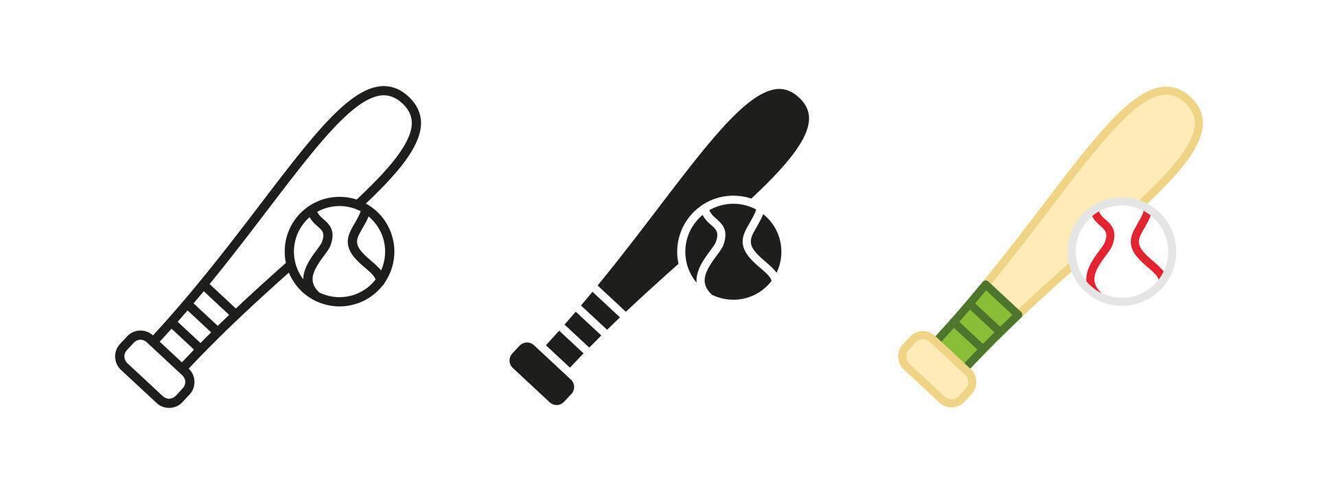 Baseball icon. Baseball bat and ball illustration. American national sport event symbol. Softball game sign. Pitcher pictogram. Baseball bat hit outline, line, black or colored concept isolated vector