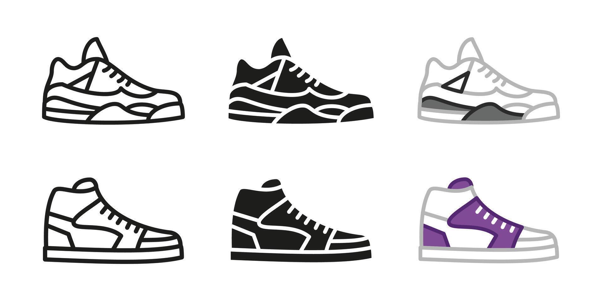 Trendy sneakers icon set. Sports shoes illustration. Stylish and popular running footwear. Casual style training shoes. Running athletic sneaker silhouette. Fashionable boots sign. Modern shoes vector