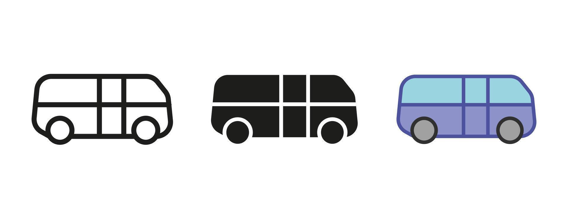 Bus icon. Van symbol. Public transport sign. Bus stop station pictogram. School bus trip illustration outline, line, black and colored style. Arrival concept isolated. vector