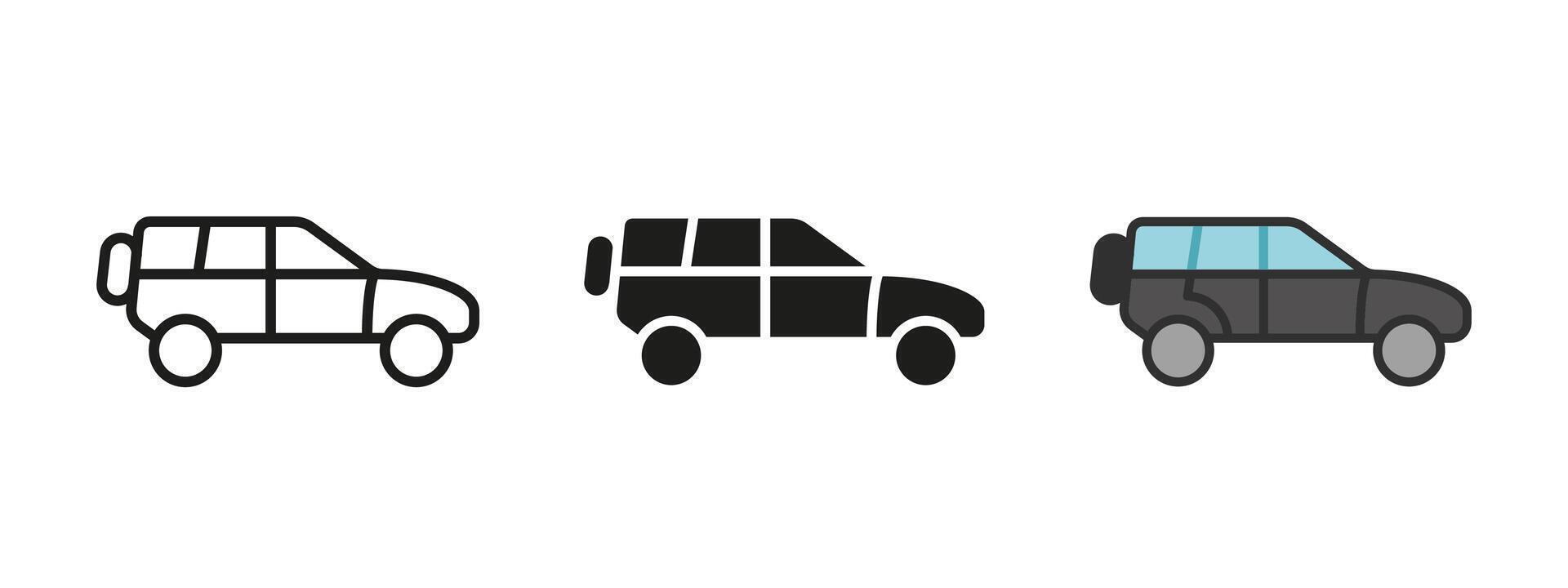 SUV car icon. Offroad hatchback illustration. Off-road jeep symbol. Trail automobile sign. 4x4 auto with mounted spare tie pictogram. Simple SUV vehicle transport isolated concept. vector