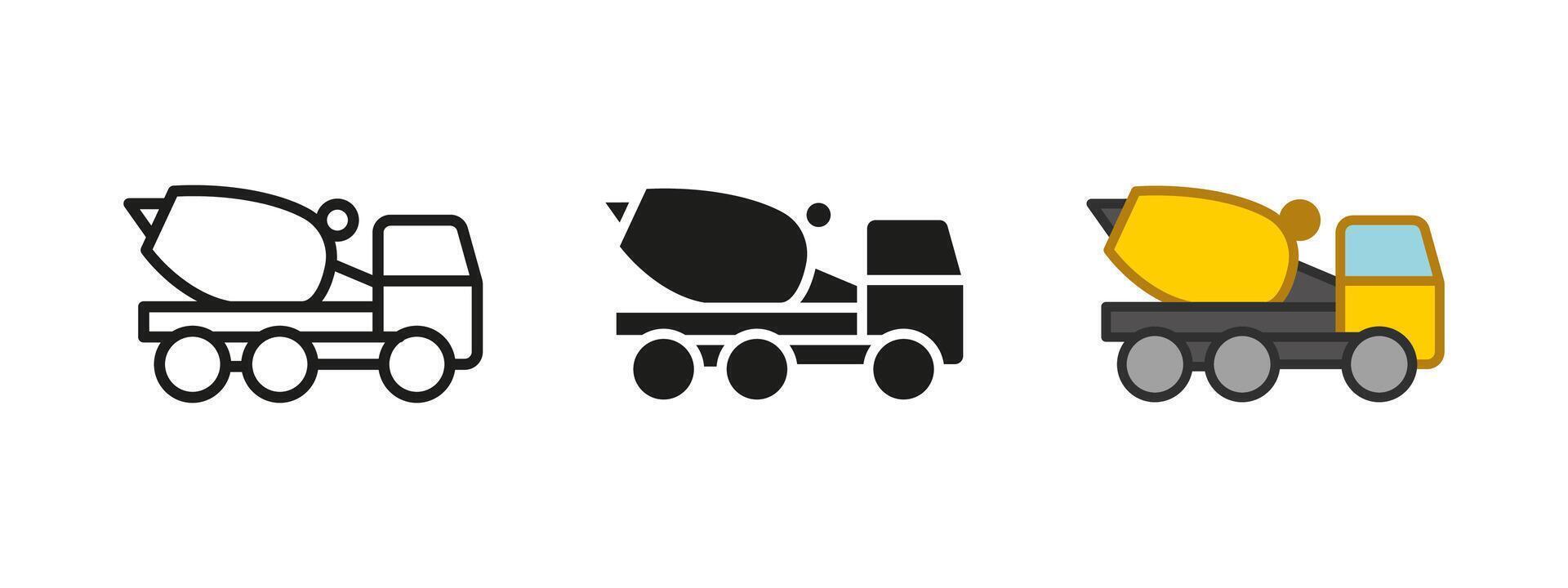 Concrete mixer truck icon. Cement mixer industrial car illustration. Batching machine vehicle symbol. Building materials transportation sign. Mixing lorry car pictogram. Heavy machinery concept vector