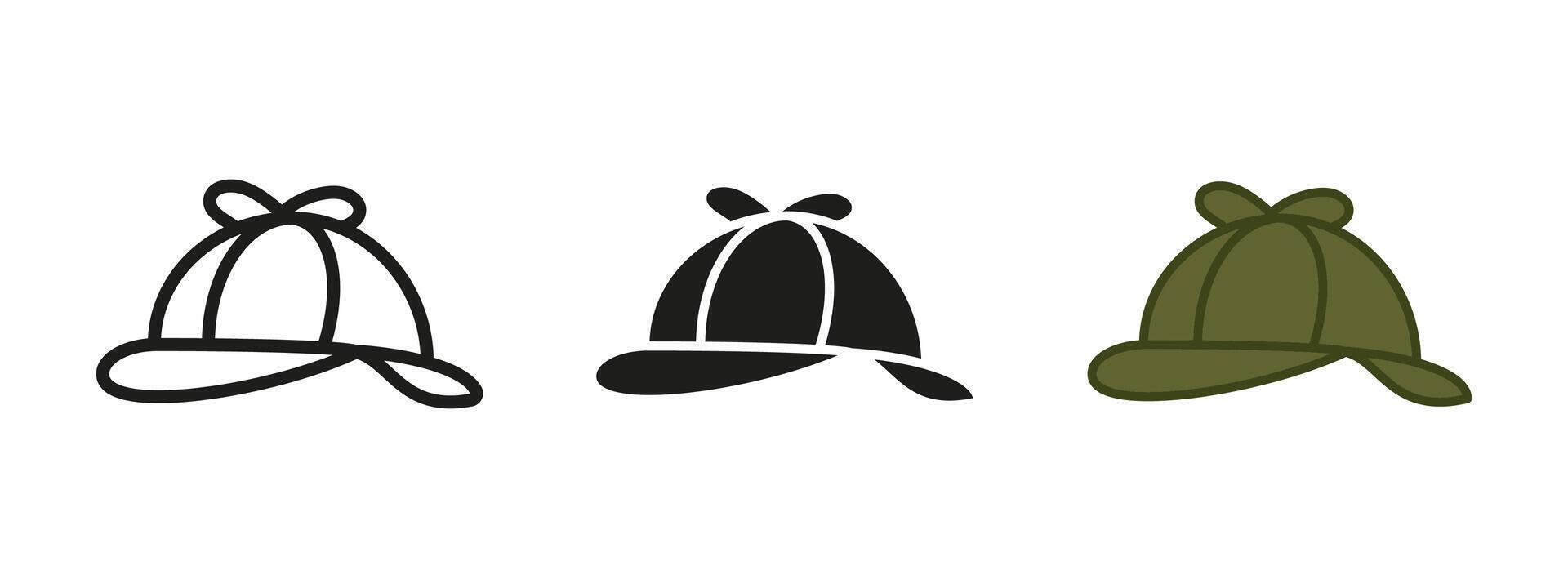 Detective hat icon. Sherlock twin visor cap illustration. Hunting deerstalker hat symbol. Vintage detective character twin peak cap sign. Investigation accessory pictogram isolated. vector