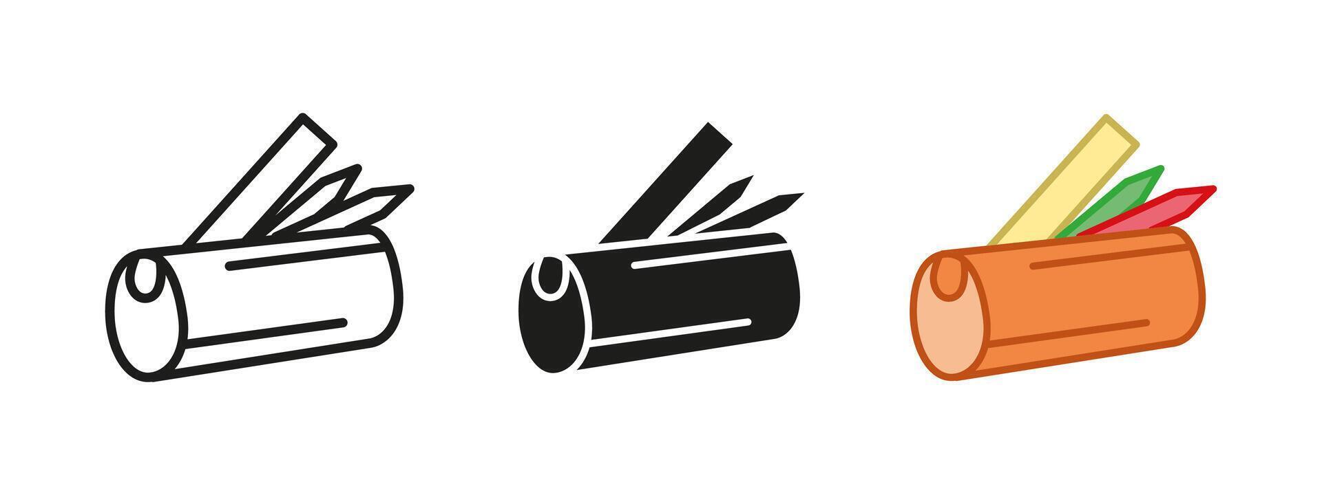 Pencil case icon. School stationery illustration. Pencil box symbol. Office supplies container sign. Pen, pencil and ruler equipment pictogram. Stationery case isolated outline concept. vector