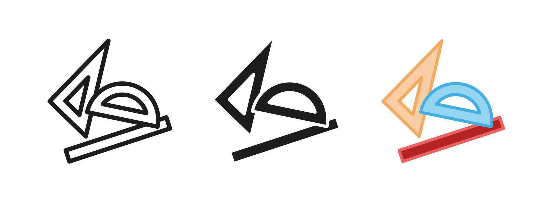 Geometric drafting icon. School stationery illustration. Geometry class symbol. Triangular ruler and protractor sign. Education and study pictogram. Architectural and engineering equipment. vector