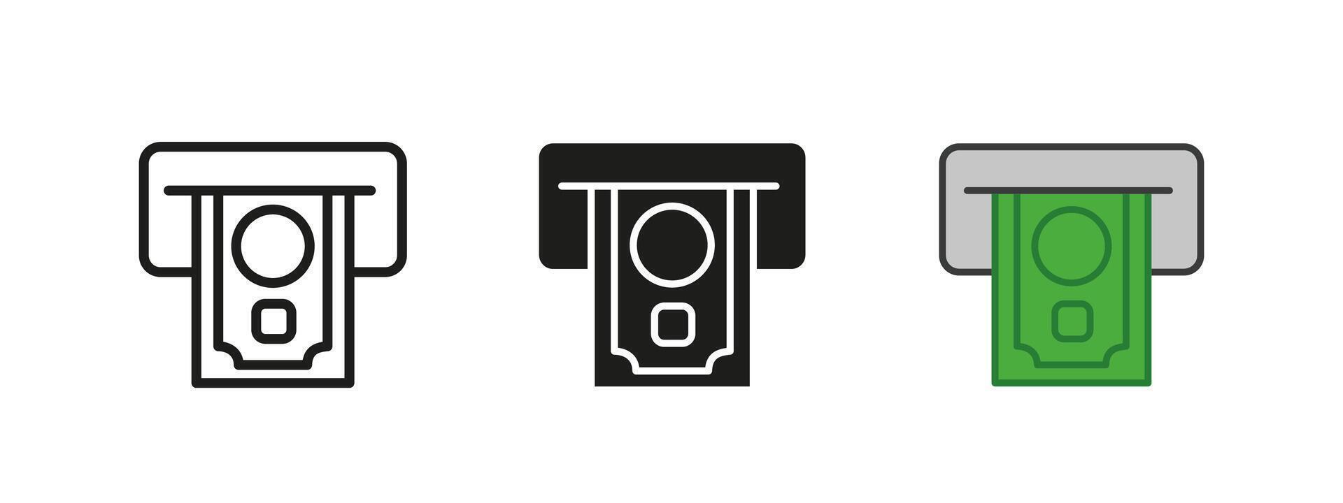 Money withdraw icon. Cash removing symbol. ATM withdrawal illustration. Payment and transaction sign. Banking deposit with financial machine and dollar bill pictogram. Money transfer concept. vector