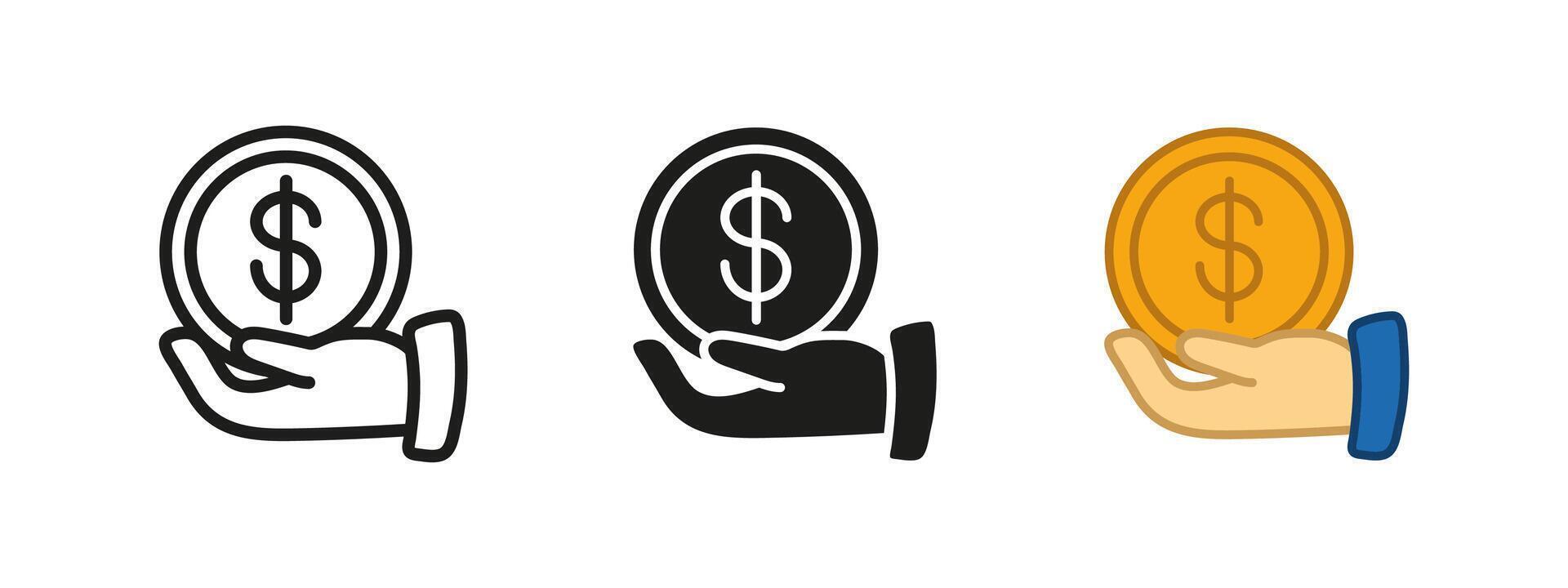 Hand holding a coin icon. Money save symbol. Salary and economy illustration. Earnings and payments sign. Financial currency pictogram. Income, wage, fee or salary hand with dollar coin concept vector