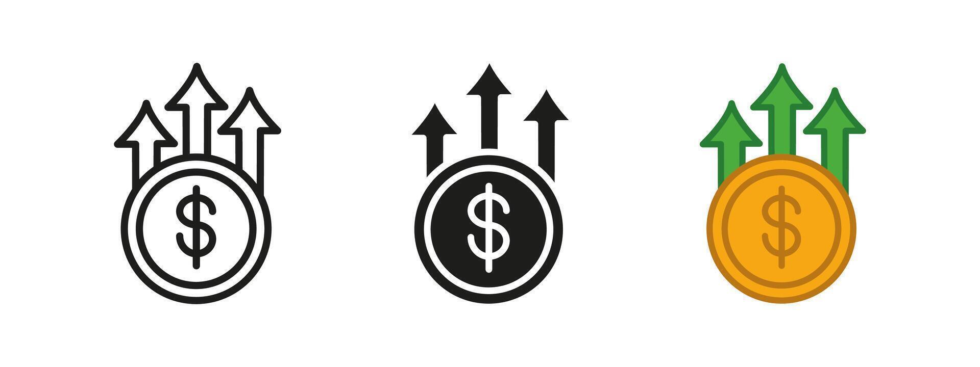 Money growth icon. Coin with increase arrow illustration. Profit and revenue rising up graph symbol. Finance and investment sign. Business earnings pictogram. Coin with arrow growth concept. vector