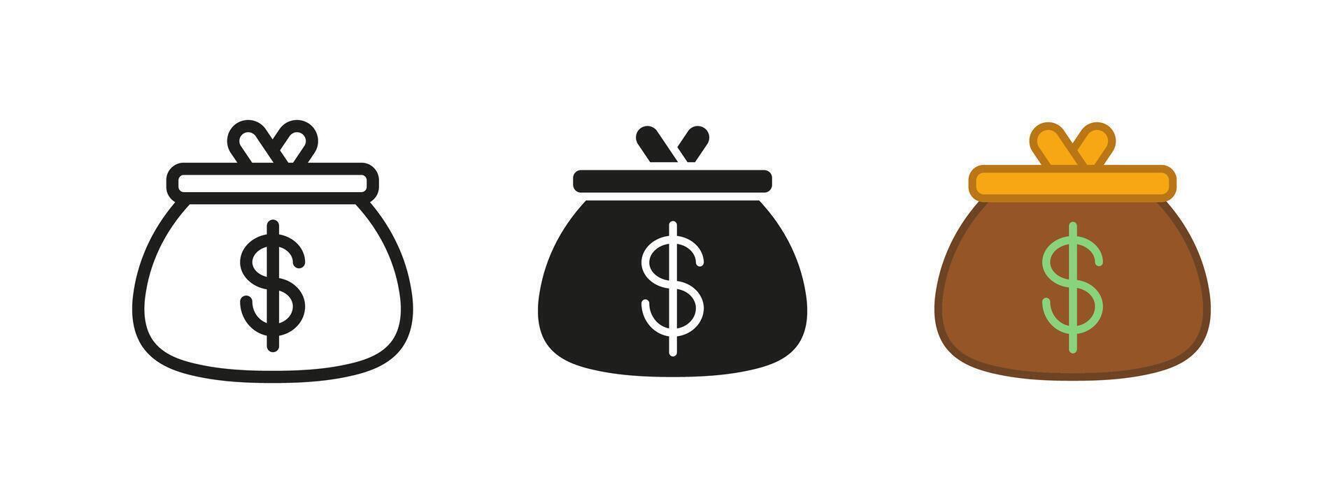 Coin wallet icon. Change purse illustration. Money bag symbol. Cash sack with dollar sign. Pocket coin wallet pictogram. Financial credit and economy concept outline, black and colored isolated vector