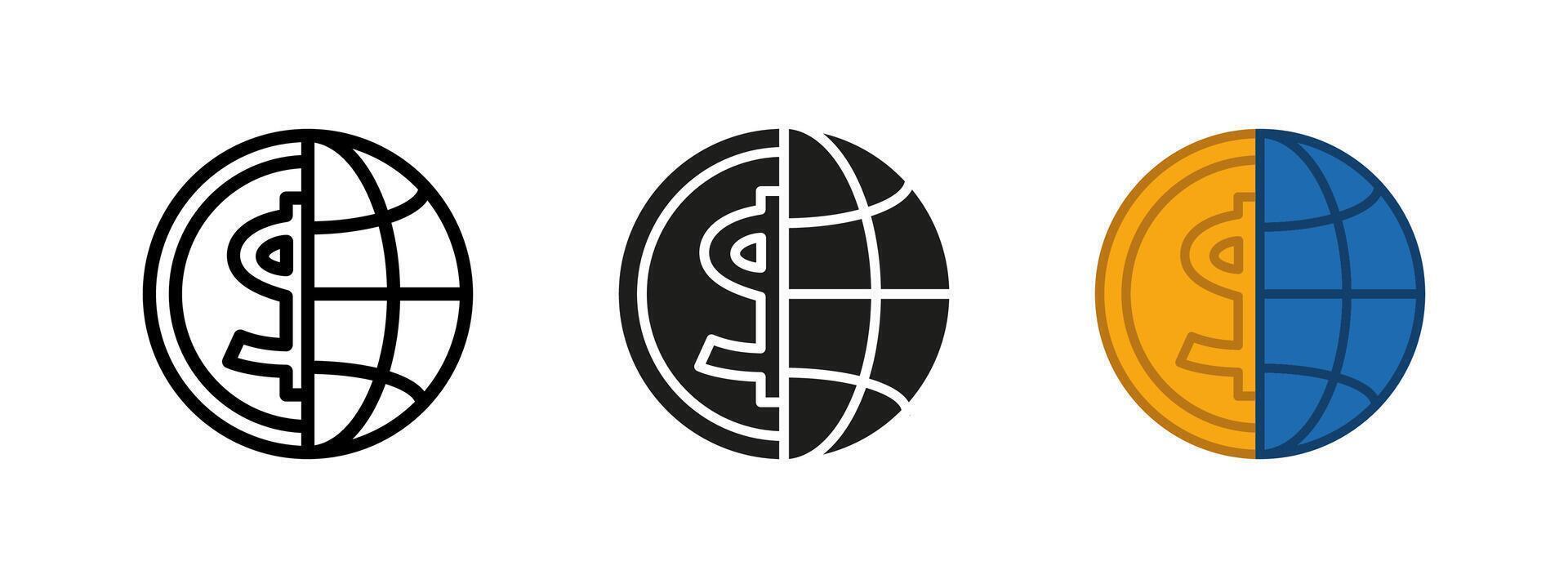 Global economics icon. Worldwide business network symbol. Half coin and globe illustration. International commerce sign. Cyberspace online banking pictogram. Dollar world currency influence. vector