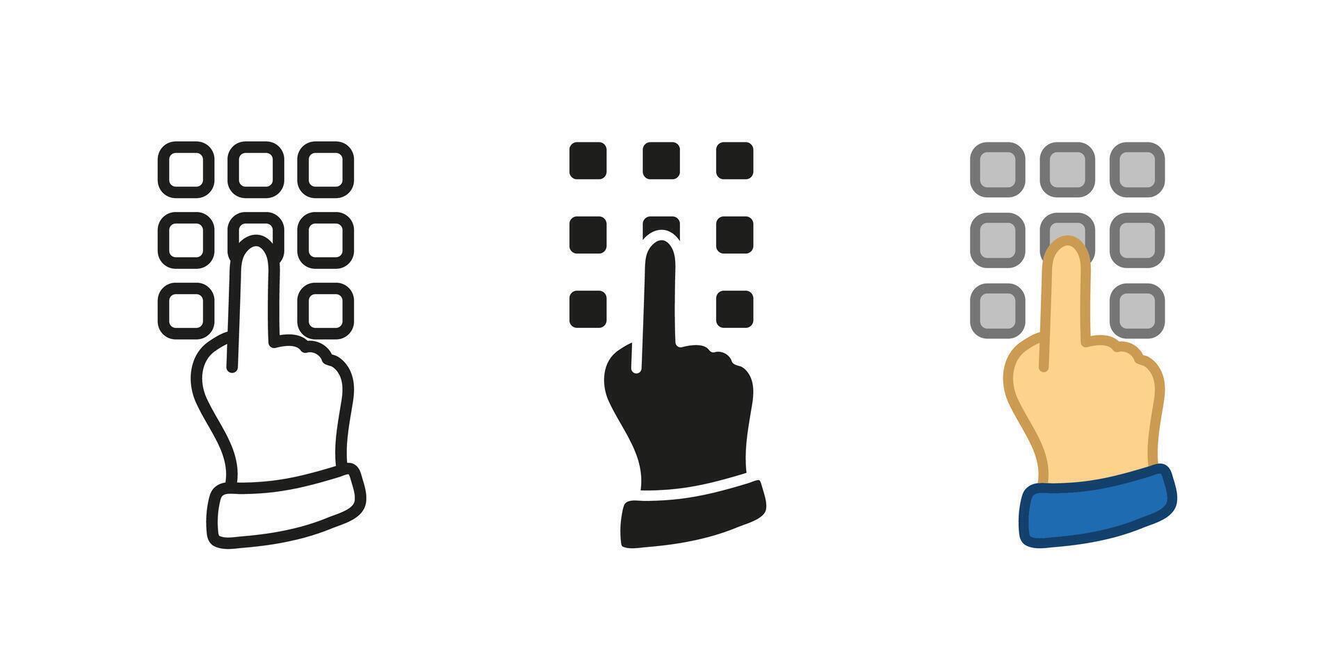 PIN code input icon. PIN-code keypad with index finger illustration. Entering password symbol. Keyboard password combination sign. Vault lock access panel pictogram. Authentication concept. vector