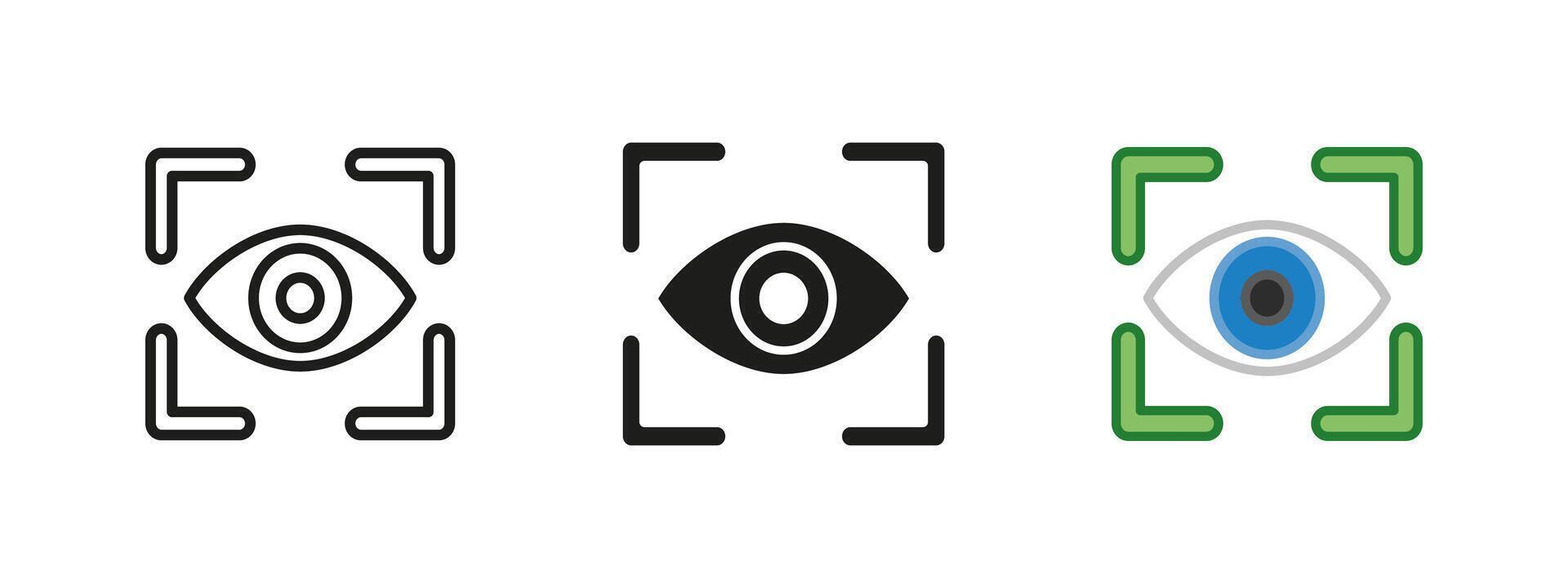 Eye scan frame icon. Vision symbol. Biometric eye scanner illustration. Sight and perception sign. Observation and recognition pictogram. Optic retina look concept isolated. vector