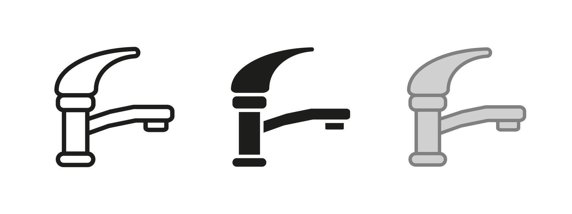 Kitchen water tap icon. Bathroom faucet illustration. Metal modern kitchen tap symbol. Plumber sign. Handle valve pictogram isolated concept outline, line, black and colored. vector