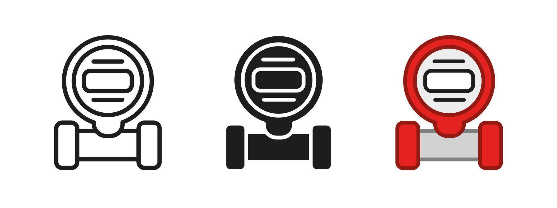 Gas pressure meter icon. Pipeline gauge sensor symbol. Pump measurement indicator illustration. Performance counter sign. Industrial water tube usage monitor pictogram. Manometer and barometer. vector