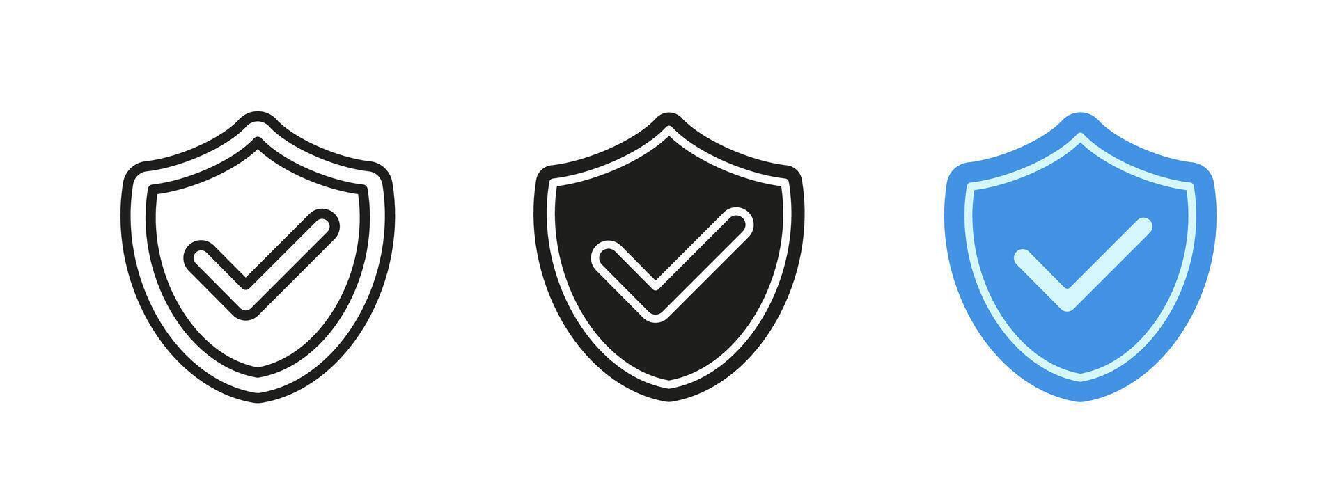 Shield with checkmark icon. Warranty and guarantee illustration. Security and protection symbol. Guard and defense sign. Firewall emblem. Network privacy safeguard pictogram. Shield checkmark. vector