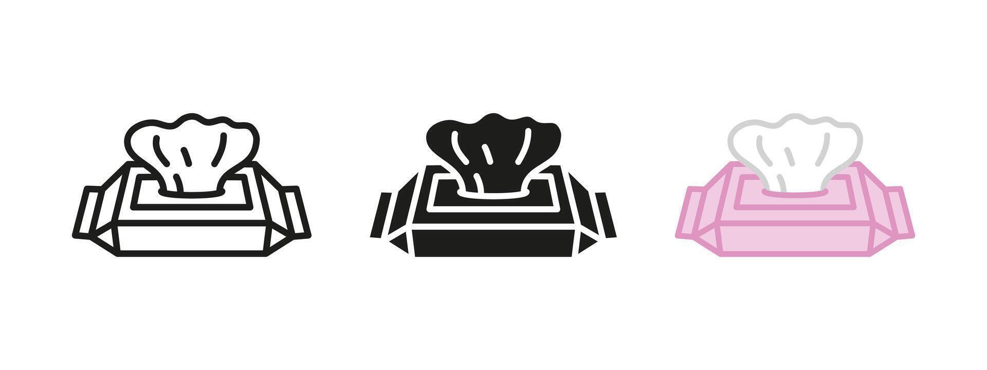 Wet wipes icon. Baby tissue illustration. Hygienic towels symbol. Disposable handkerchief sign. Paper napkins pictogram. Wet wipe pulling from a box concept isolated outline, black and colored. vector