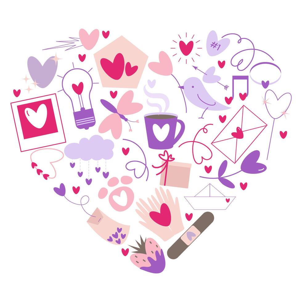 Heart shape form with Valentines day doodles inside, love season stickers, bird, flowers, balloons, cup, hands, cloud, lamp, tea bag, music note, strawberry, letter, asteroid, bengal light. vector