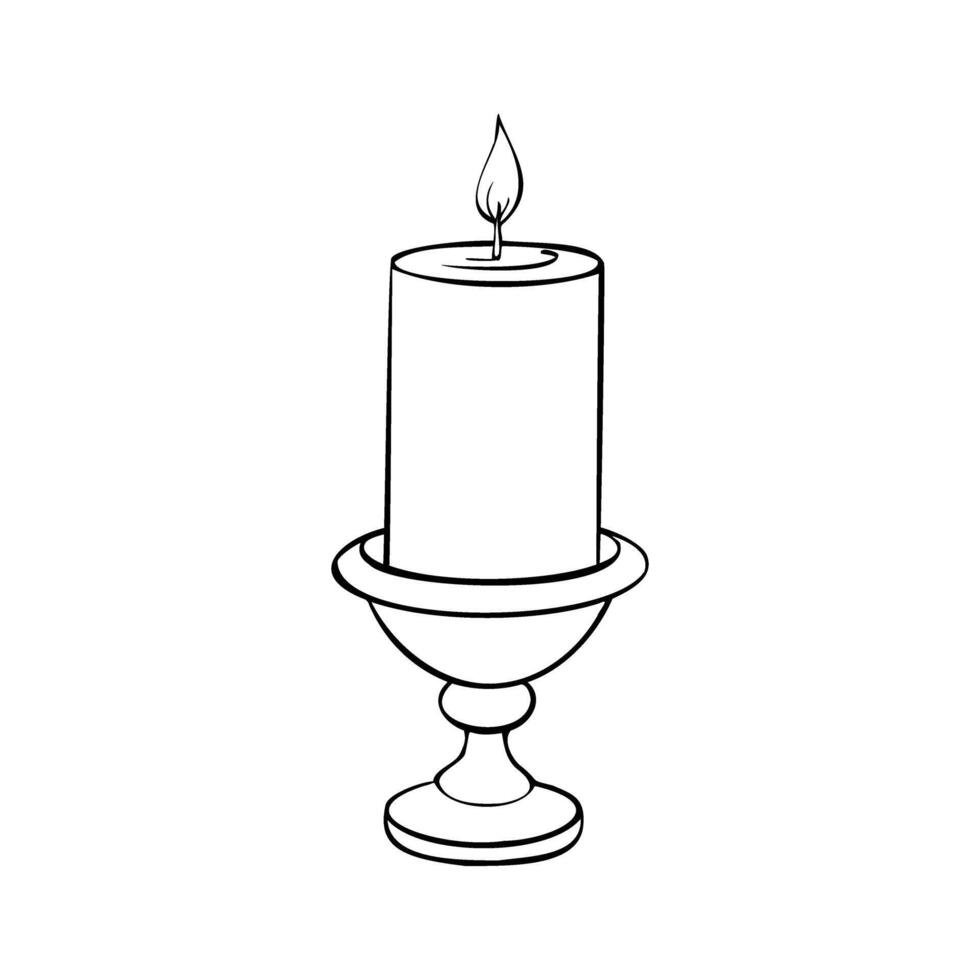 vintage Candle in the candlestick. Hand drawn outline illustration with wax candlelight with flame Christmas or birthday design Simple contour drawing for icon or logo in monochrome. vector