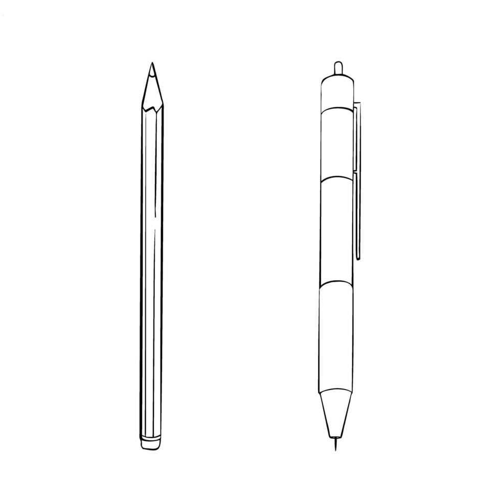 Black and White crayon and pen. contour of Pencil. monochrome Sketch School or Education Themed Drawing. Back to school hand drawn doodle clipart. Stationery supplies vector