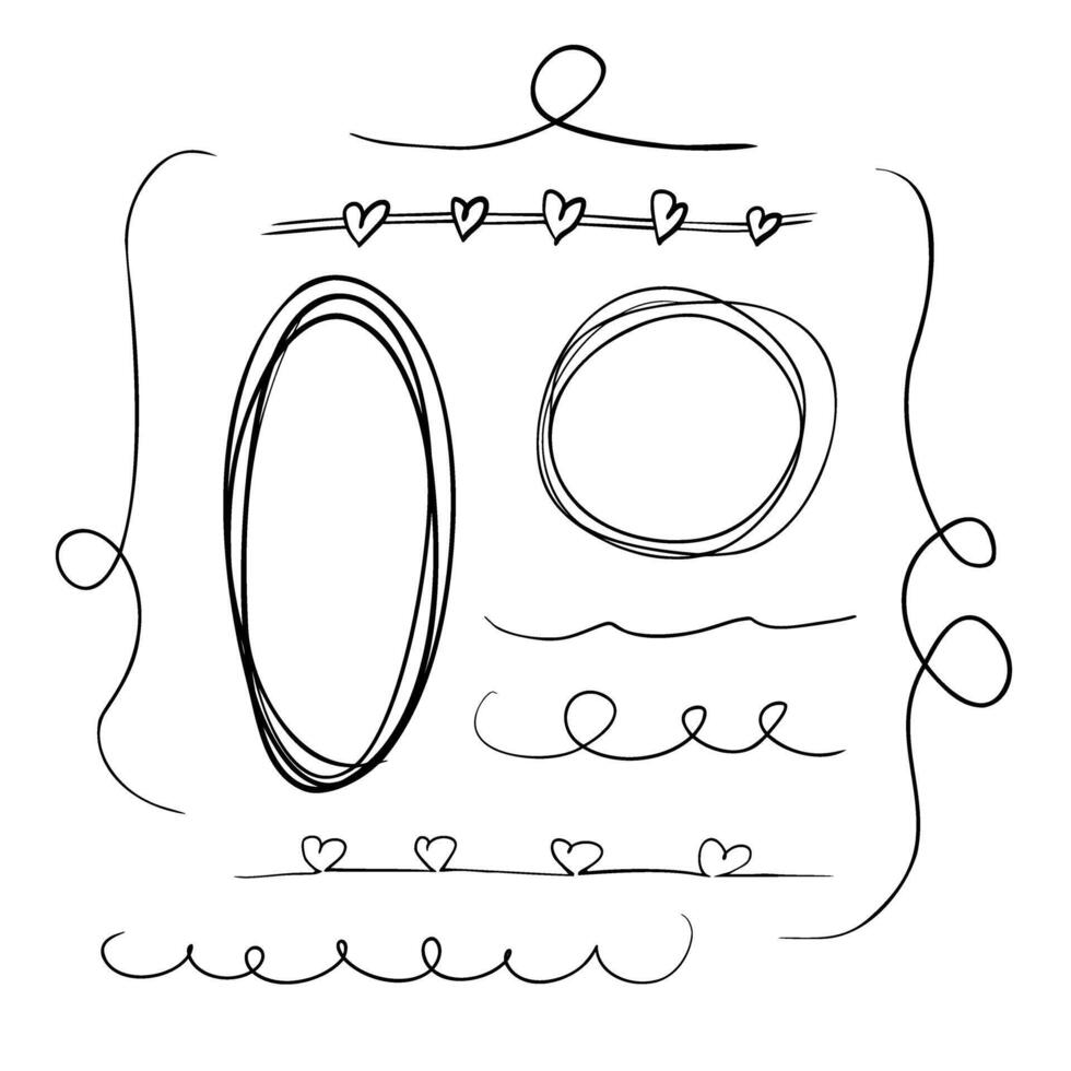 Hand drawn set of scribble lines, frames elements, circles, ovals, hearts and other shapes. illustration. Linear drawing in Monochrome color. Outline graphic element for icon vector