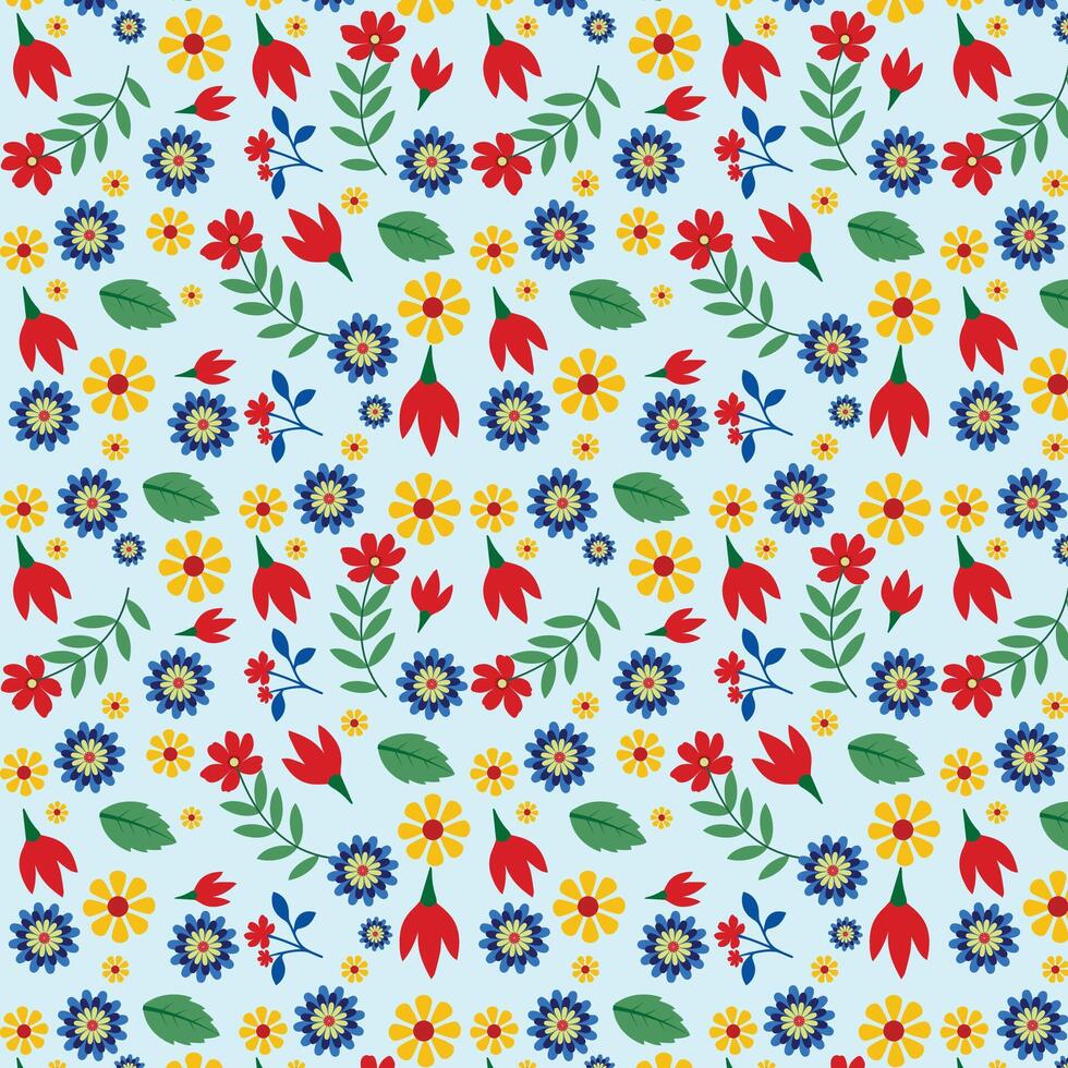 pattern with colorful flowers and leaves on a blue background vector
