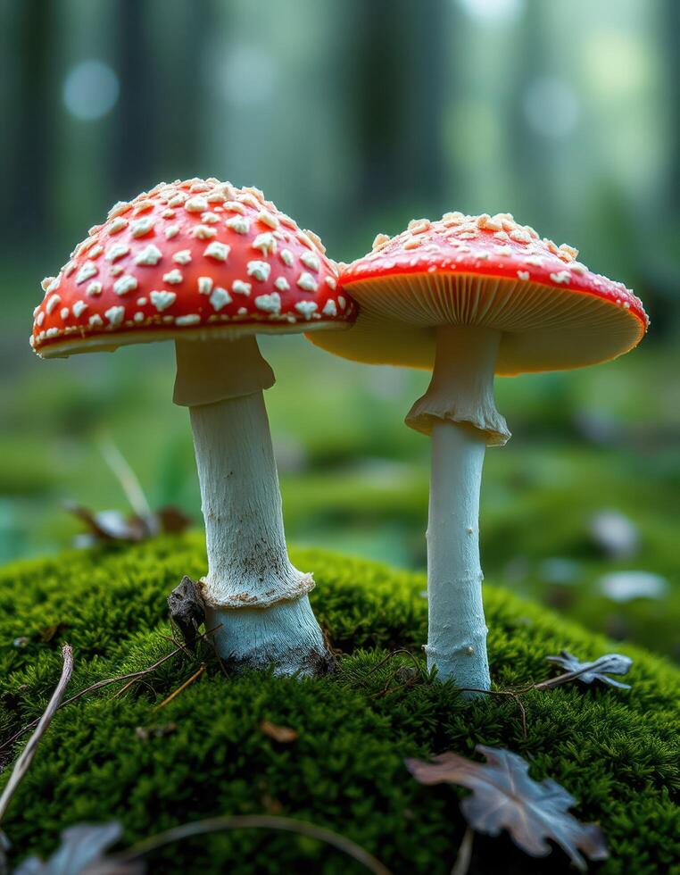 Two red mushrooms are standing on top of a mossy forest photo