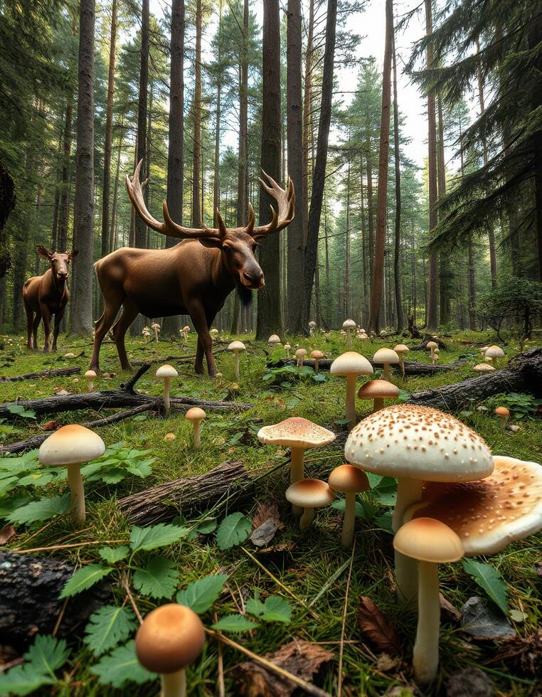 A moose and mushrooms in a forest photo