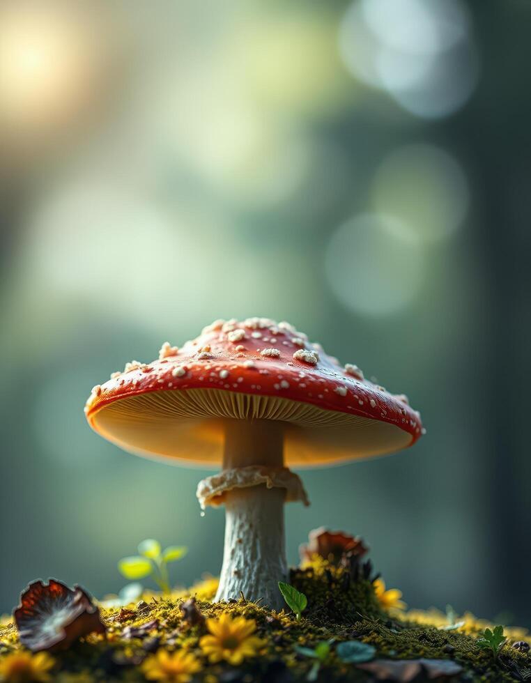 A red mushroom is sitting on top of a mossy ground photo