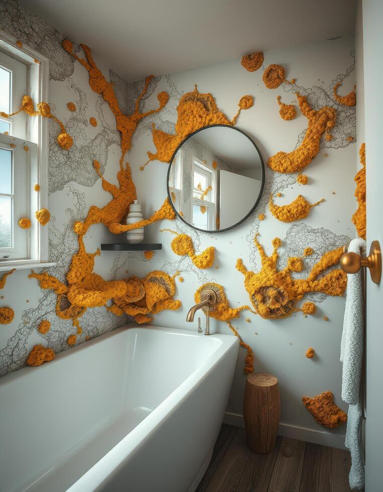 A bathroom with a large bathtub and a wall covered in orange and yellow flowers photo