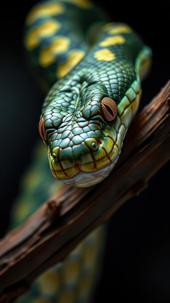 A green snake with yellow eyes on a branch photo