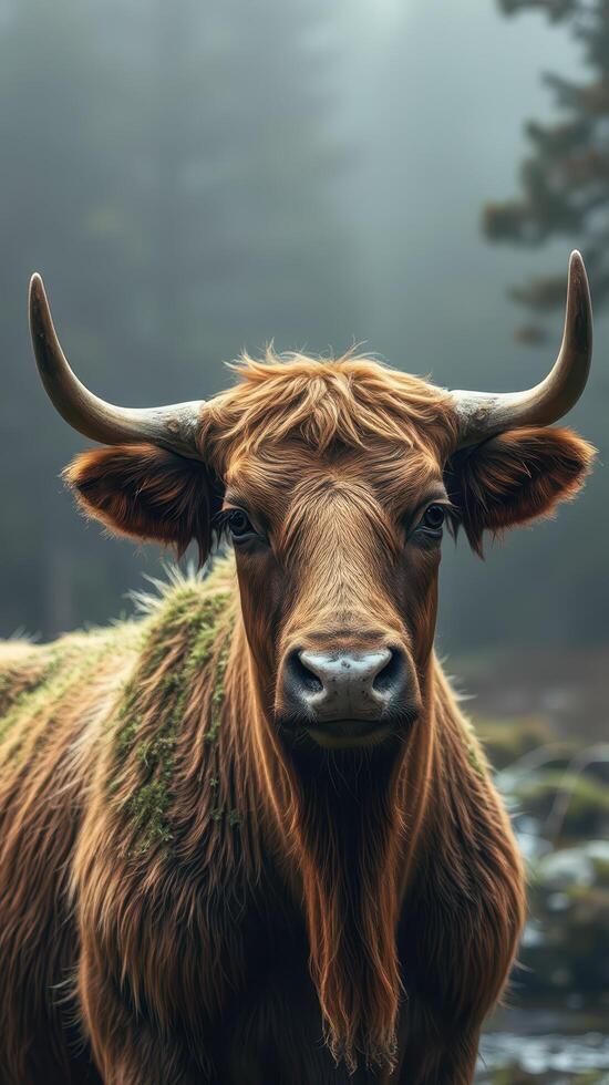 A brown cow with long horns standing in the fog photo