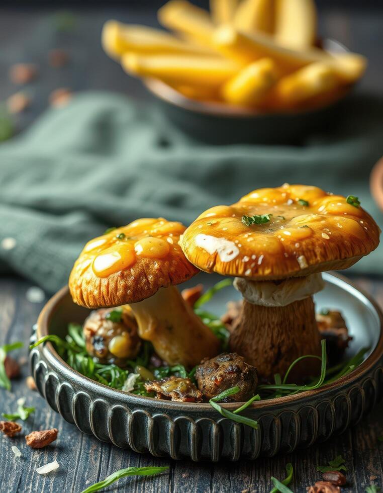 Two mushrooms are sitting on a plate with some fries photo