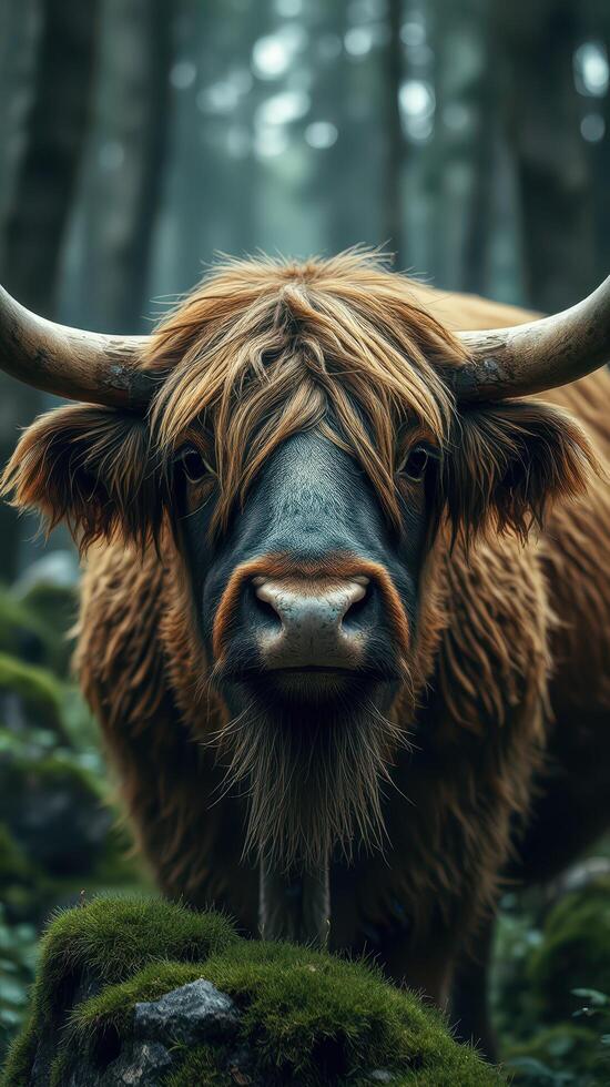 A close up of a bull in a forest photo