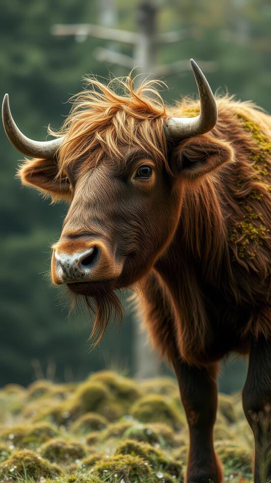 A brown bull with horns standing in a field photo