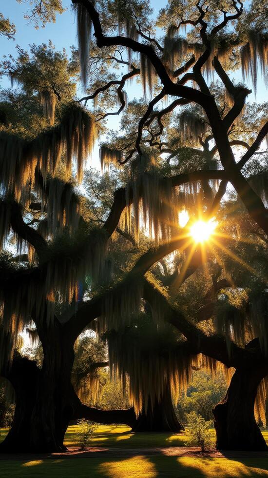 The sun shines through the branches of a large tree photo