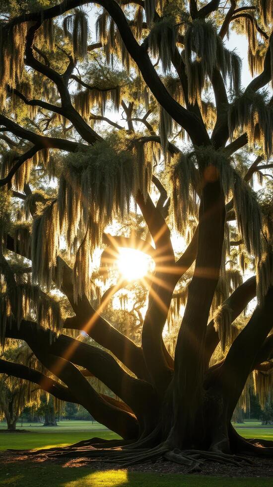 The sun shines through the branches of a large tree photo