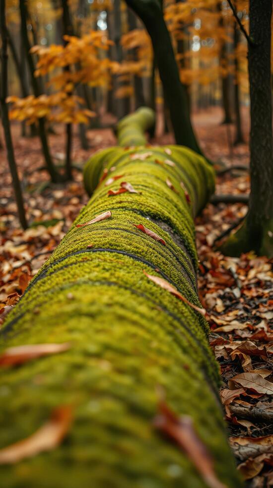 A moss covered tree trunk in the woods photo