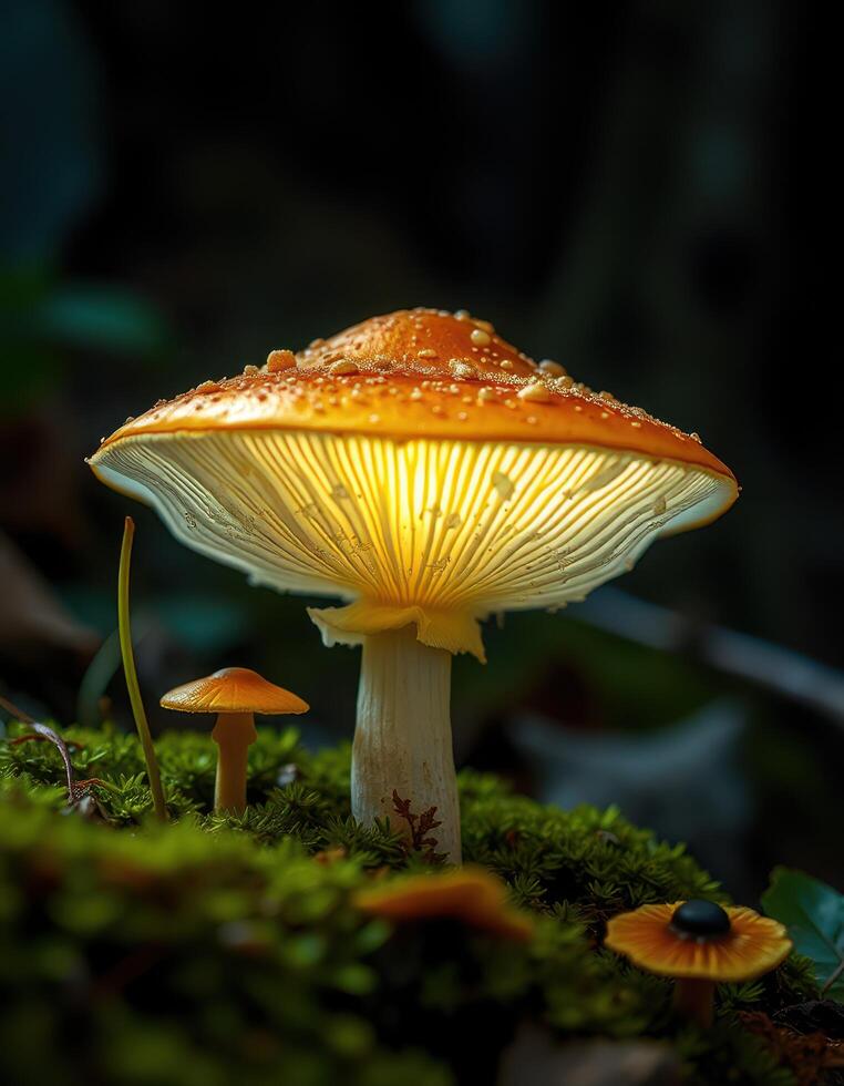 A close up of a mushroom with a light shining on it photo
