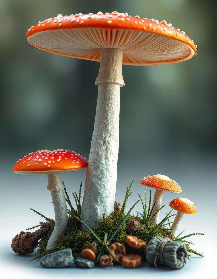 A group of mushrooms with a red cap and white mushrooms photo
