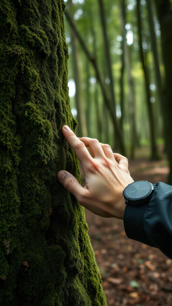 A person touching a tree with a watch on their wrist photo