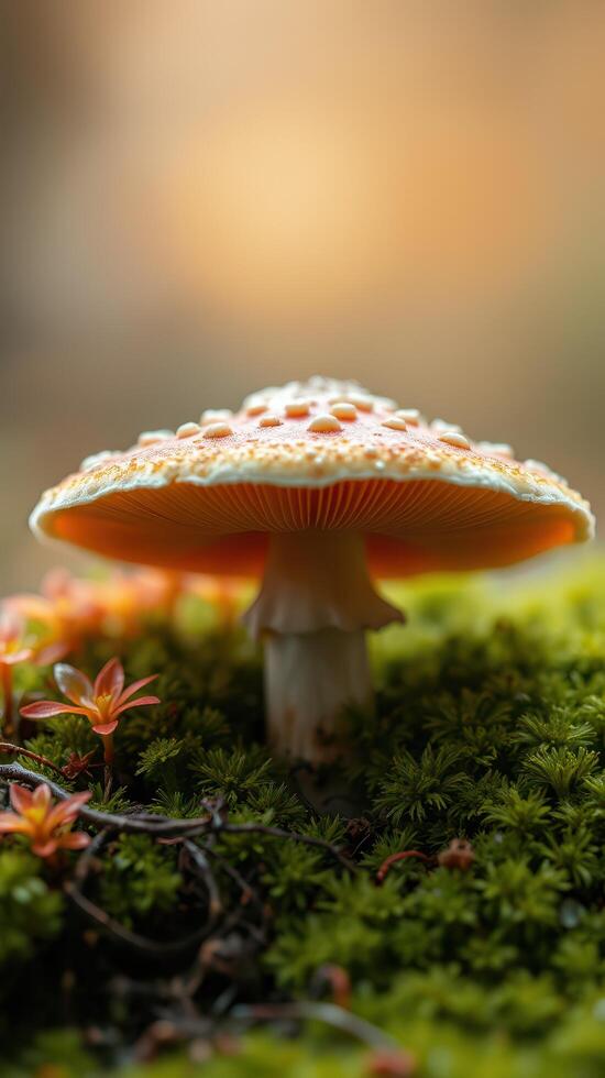 A mushroom is sitting on top of a mossy ground photo