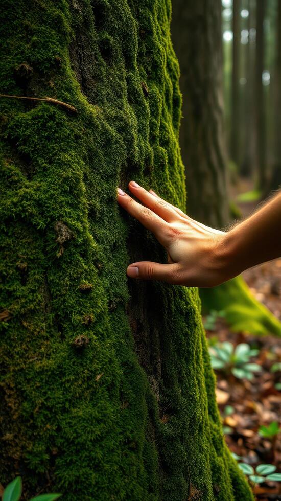 A person touching a moss covered tree trunk photo